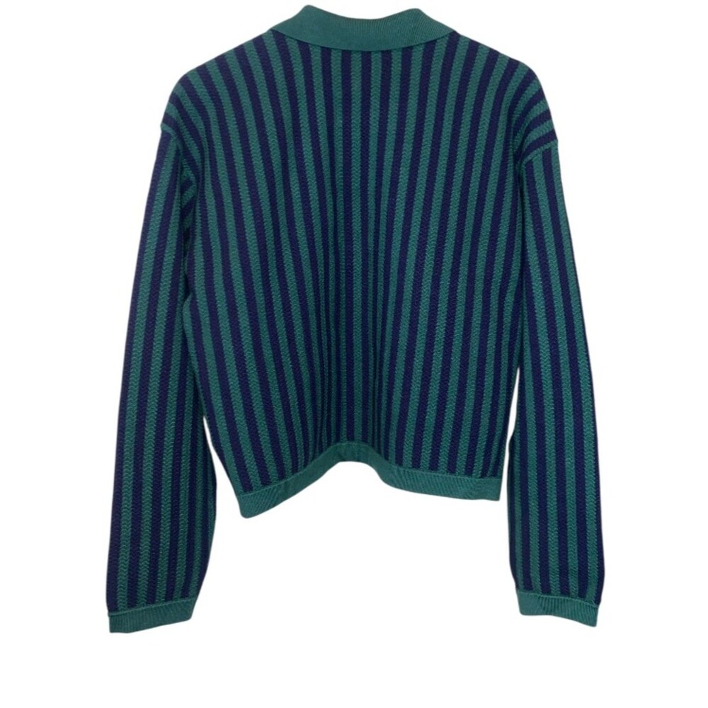 EMERSON LANG Classy Luxury Quality Cardigan Sweater in Green Navy Blue Stripe - Picture 3 of 6